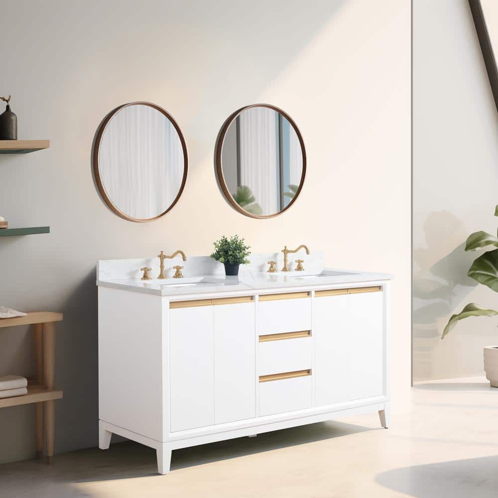 Vanity Art 60 in. W x 22 in. D x 34 in. H Double Sink Bathroom Vanity in White with Engineered Marble Top