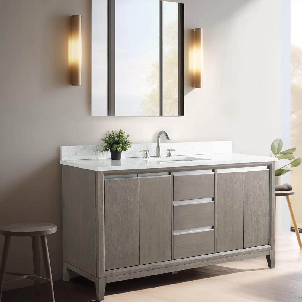 Vanity Art 60 in. W x 22 in. D x 34 in. H Single Sink Bathroom Vanity in Driftwood Gray with Engineered Marble Top