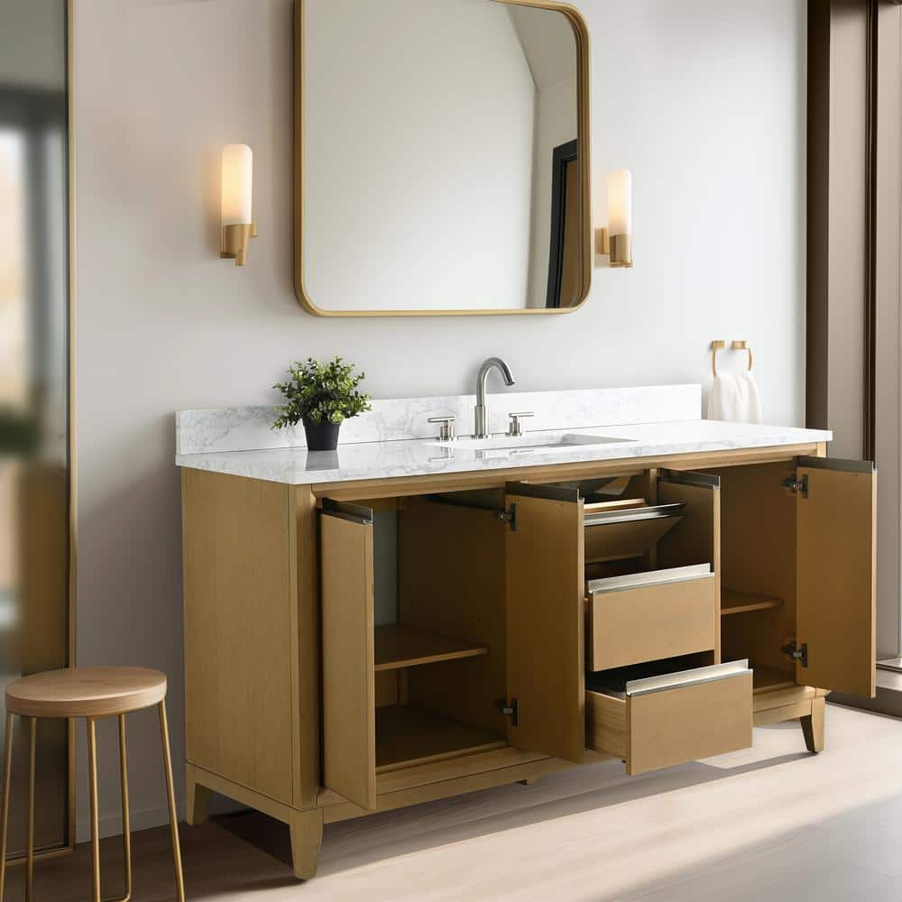 Vanity Art 60 in. W x 22 in. D x 34 in. H Single Sink Bathroom Vanity in Natural Oak with Engineered Marble Top