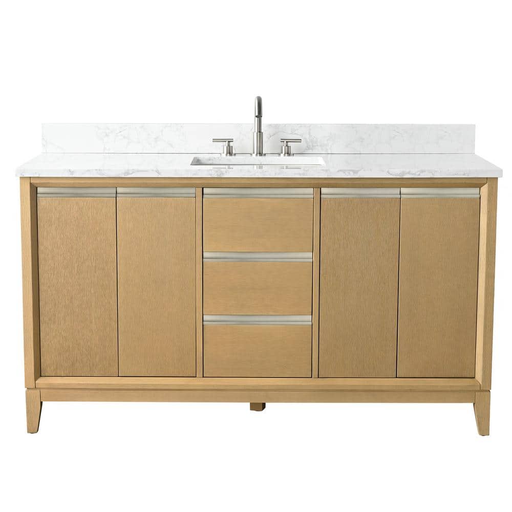 Vanity Art 60 in. W x 22 in. D x 34 in. H Single Sink Bathroom Vanity in Natural Oak with Engineered Marble Top