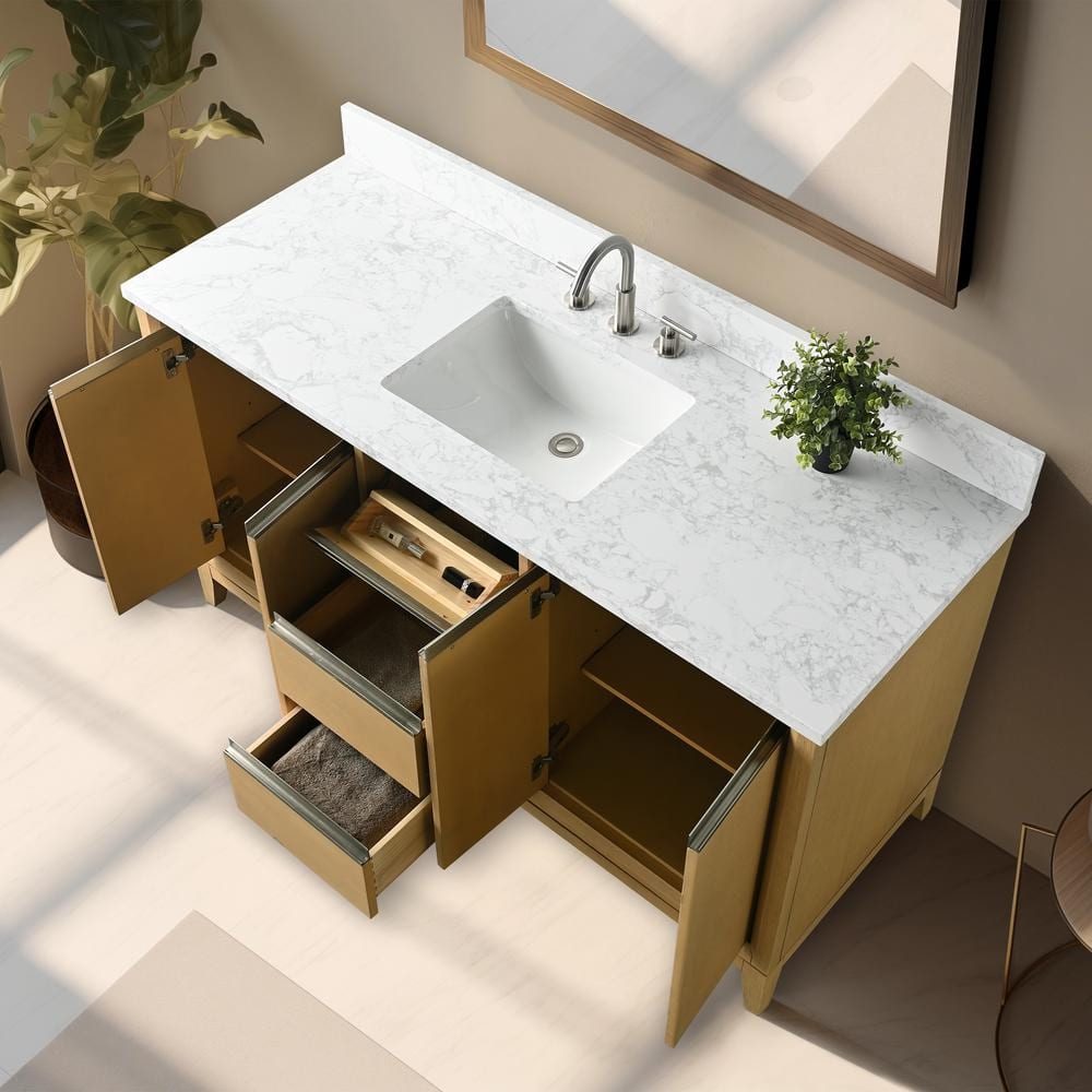 Vanity Art 60 in. W x 22 in. D x 34 in. H Single Sink Bathroom Vanity in Natural Oak with Engineered Marble Top