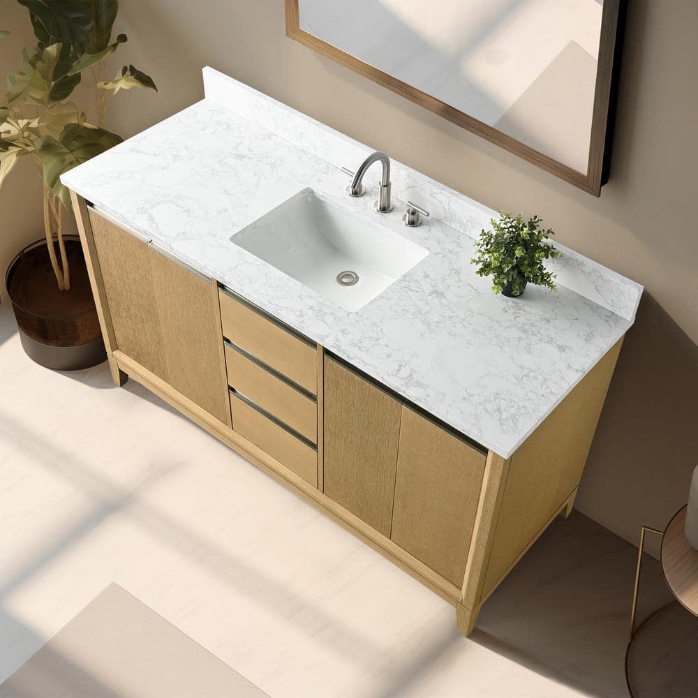 Vanity Art 60 in. W x 22 in. D x 34 in. H Single Sink Bathroom Vanity in Natural Oak with Engineered Marble Top