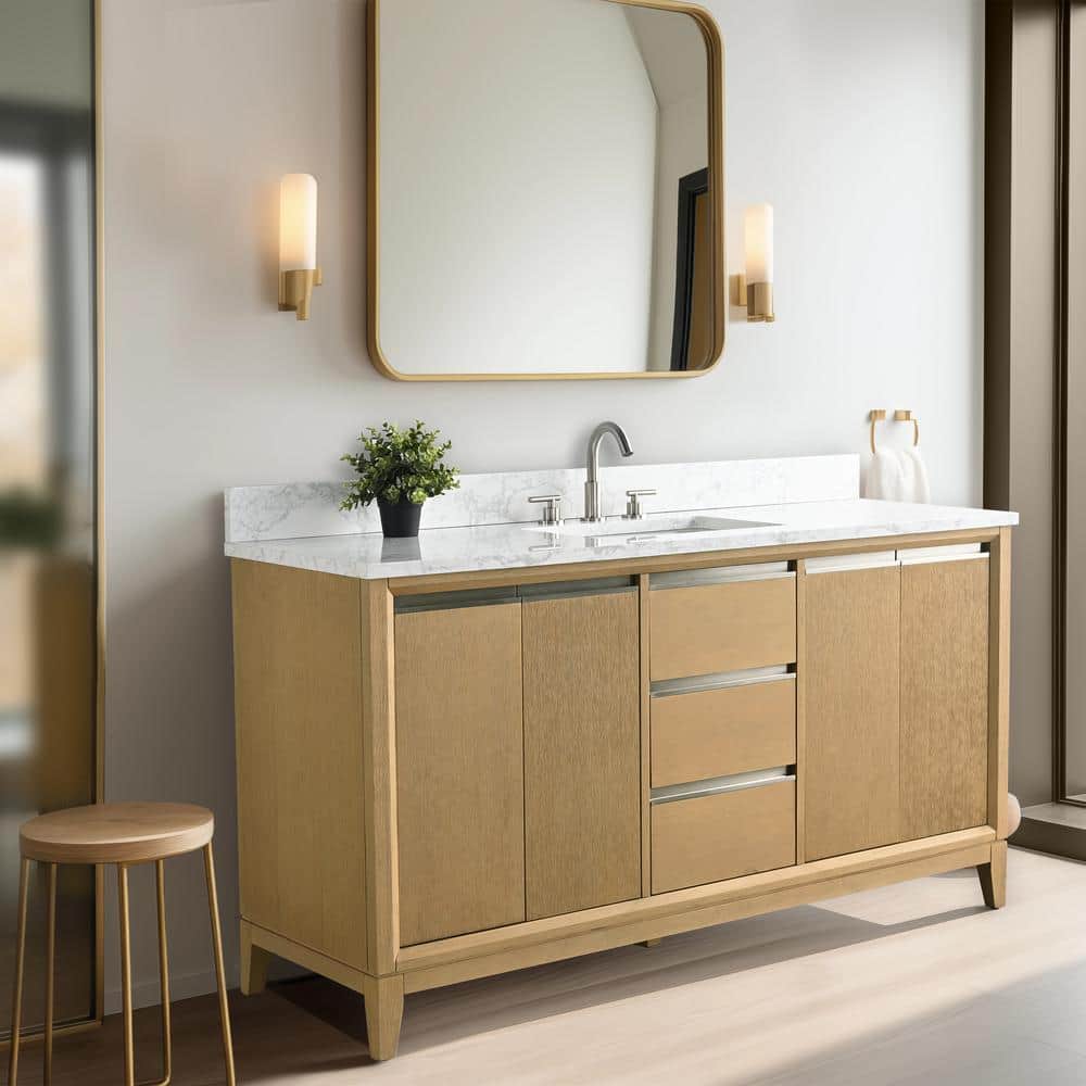 Vanity Art 60 in. W x 22 in. D x 34 in. H Single Sink Bathroom Vanity in Natural Oak with Engineered Marble Top