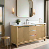 Vanity Art 60 in. W x 22 in. D x 34 in. H Single Sink Bathroom Vanity in Natural Oak with Engineered Marble Top