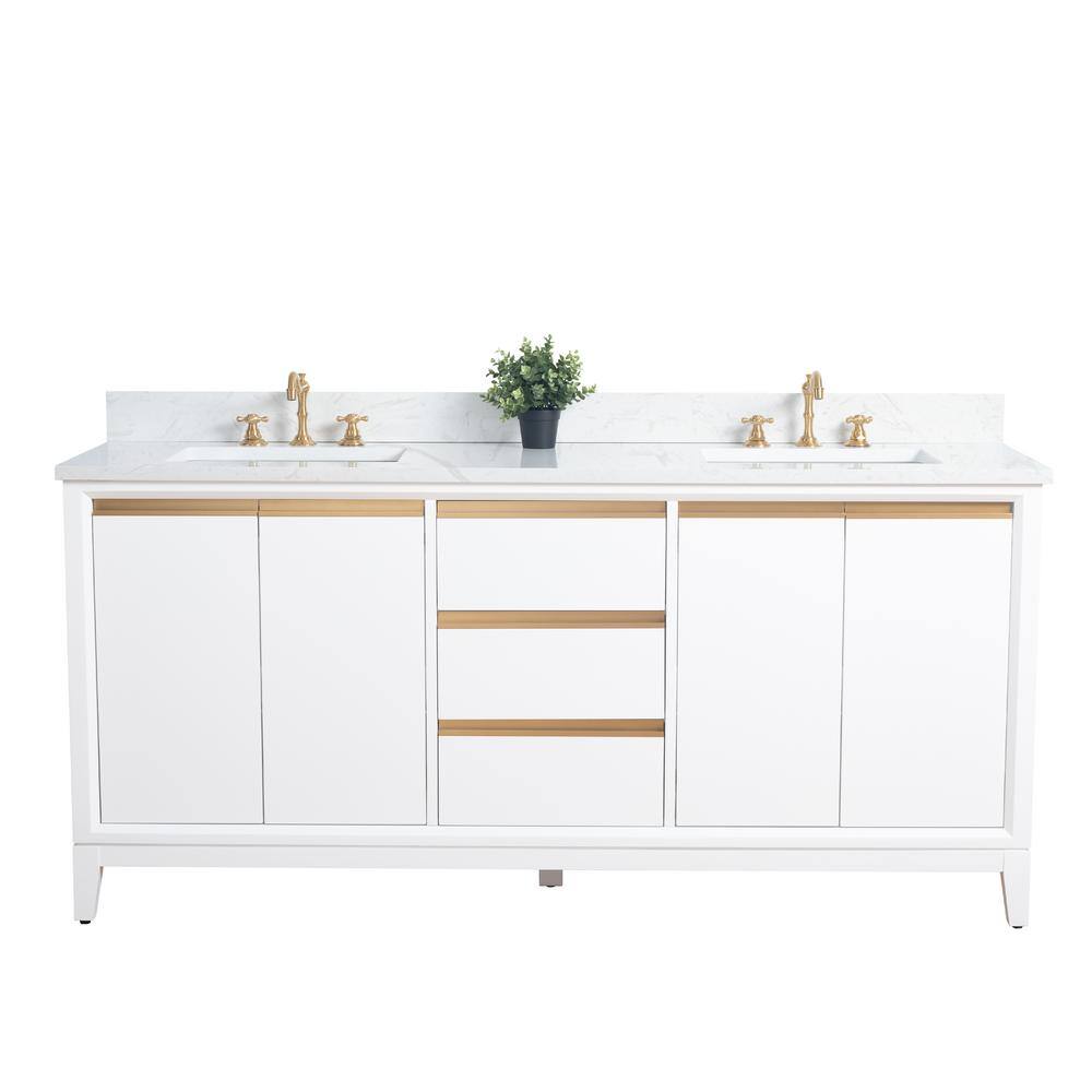 Vanity Art 72 in. W x 22 in. D x 34 in. H Double Sink Bathroom Vanity in White with Engineered Marble Top