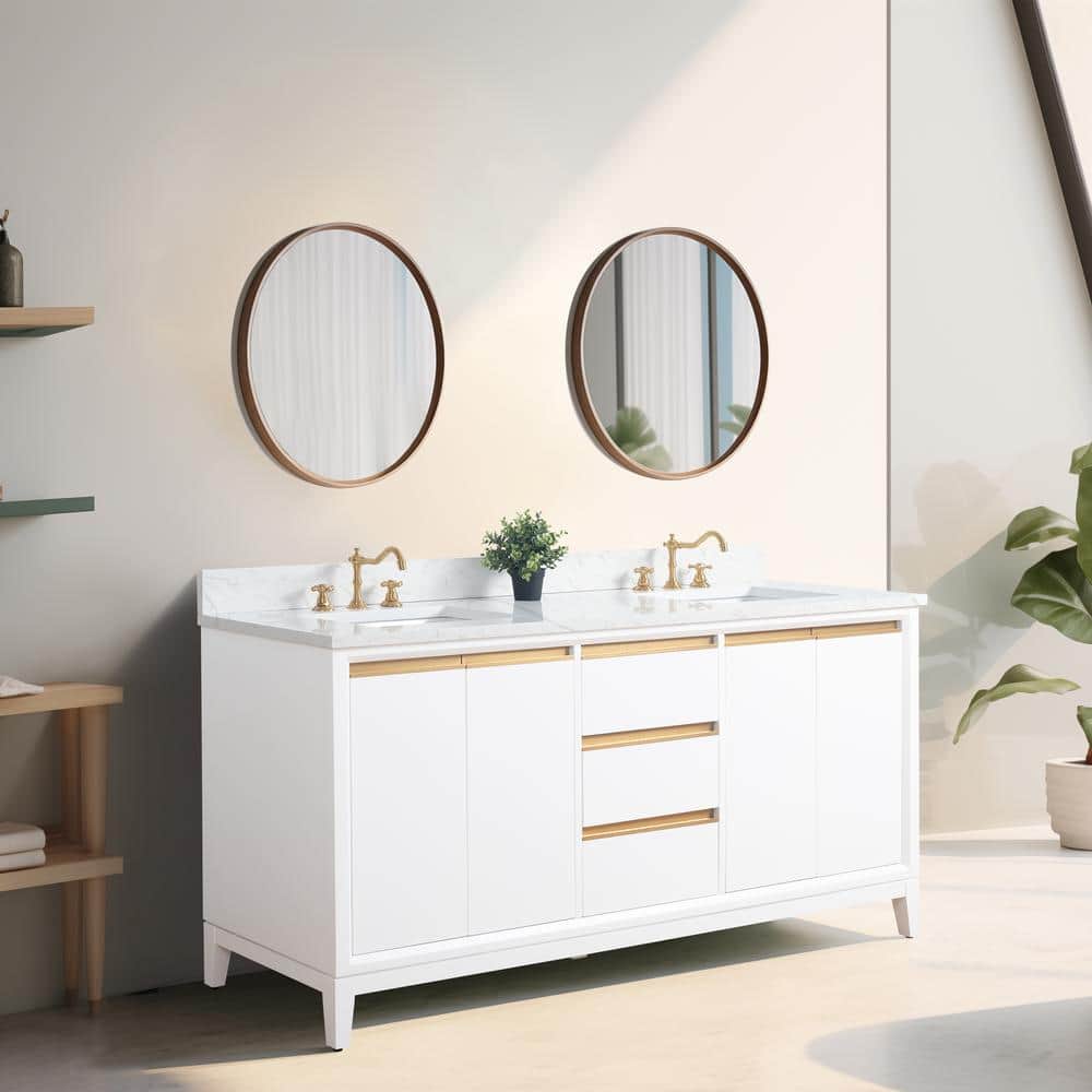 Vanity Art 72 in. W x 22 in. D x 34 in. H Double Sink Bathroom Vanity in White with Engineered Marble Top