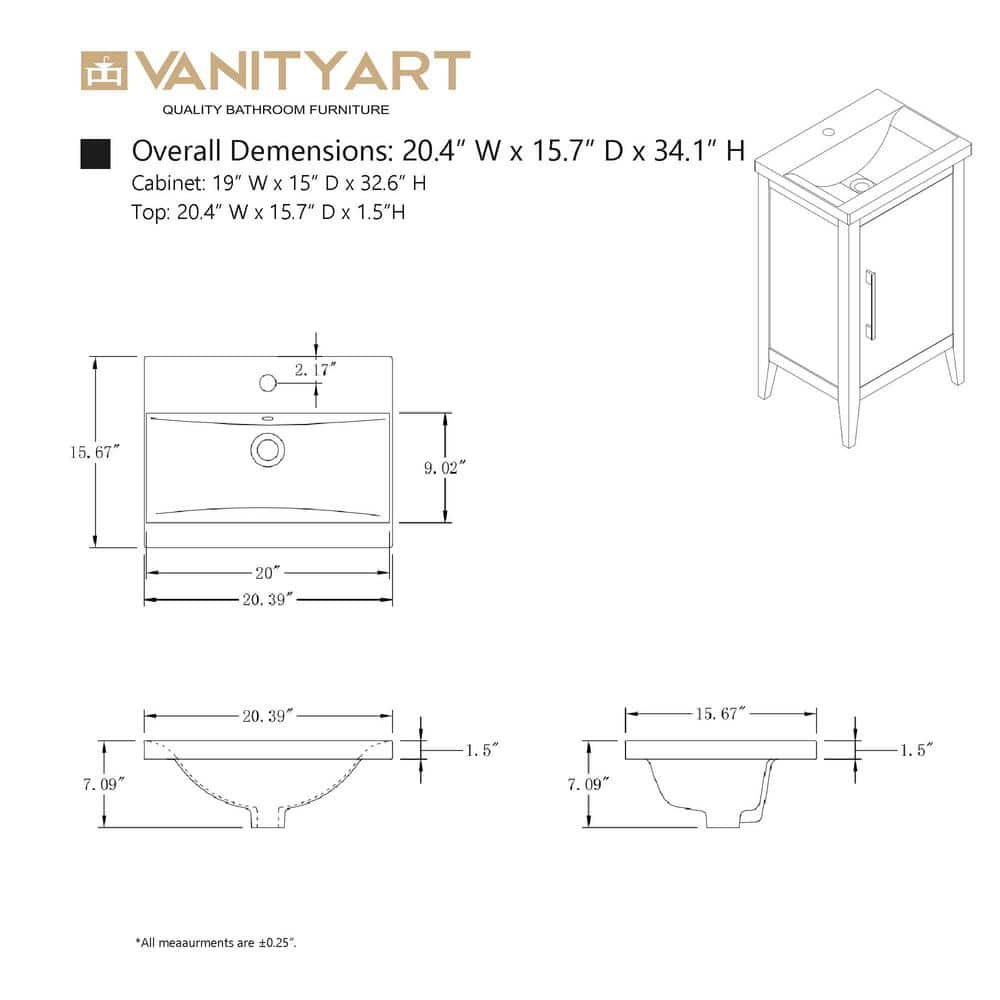 Vanity Art 20 in. W x 15.8 in D x 34 in. H Single Sink Bathroom Vanity Cabinet in Driftwood Gray with Ceramic Top