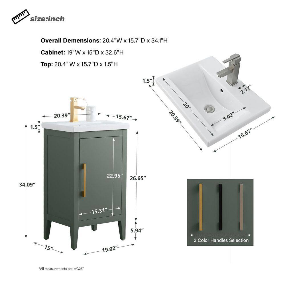 Vanity Art 20 in. W x 15.8 in. D x 34 in. H Single Sink Bathroom Vanity Cabinet in Vintage Green with Ceramic Top