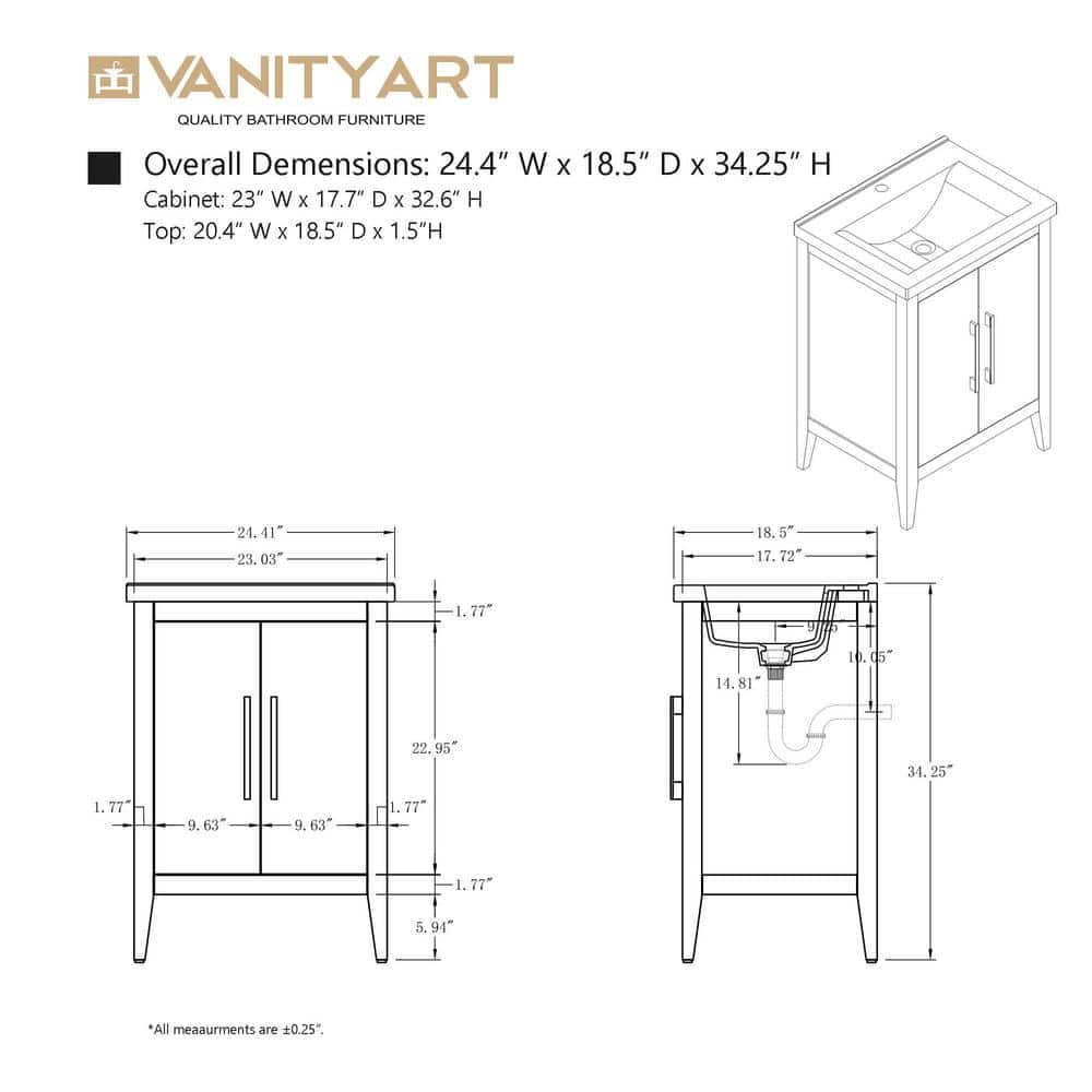Vanity Art 24 in. W x 18.5 in D x 34 in. H Single Sink Bathroom Vanity Cabinet in Driftwood Gray with Ceramic Top