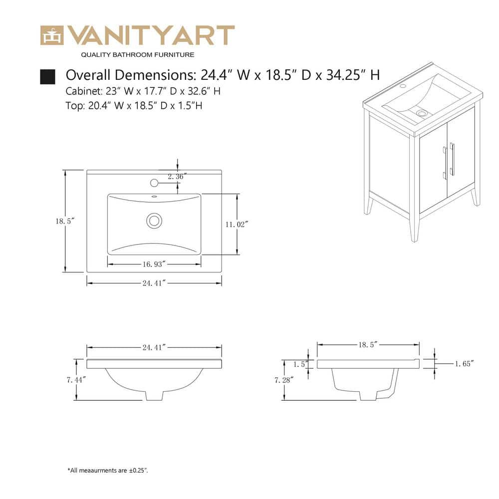 Vanity Art 24 in. W x 18.5 in D x 34 in. H Single Sink Bathroom Vanity Cabinet in Driftwood Gray with Ceramic Top in White
