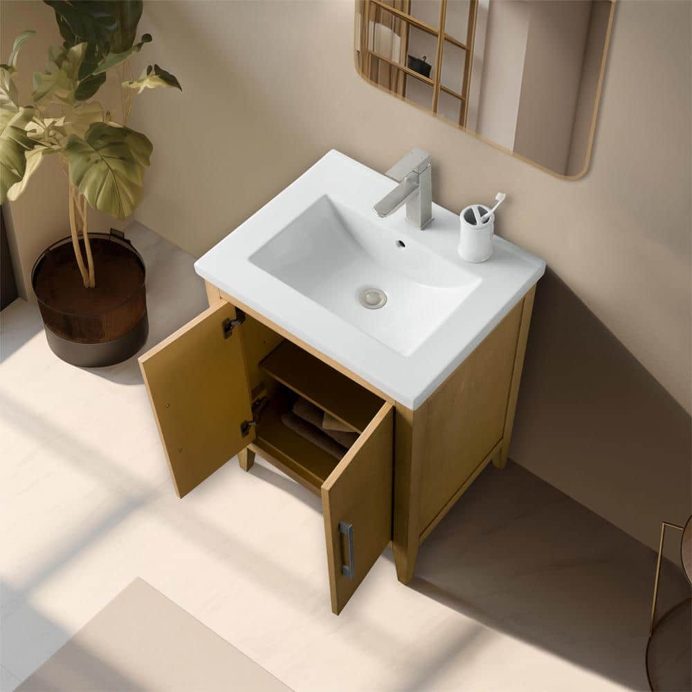 Vanity Art 24 in. W x 18.5 in D x 34 in. H Single Sink Bathroom Vanity Cabinet in Natural Oak with Ceramic Top