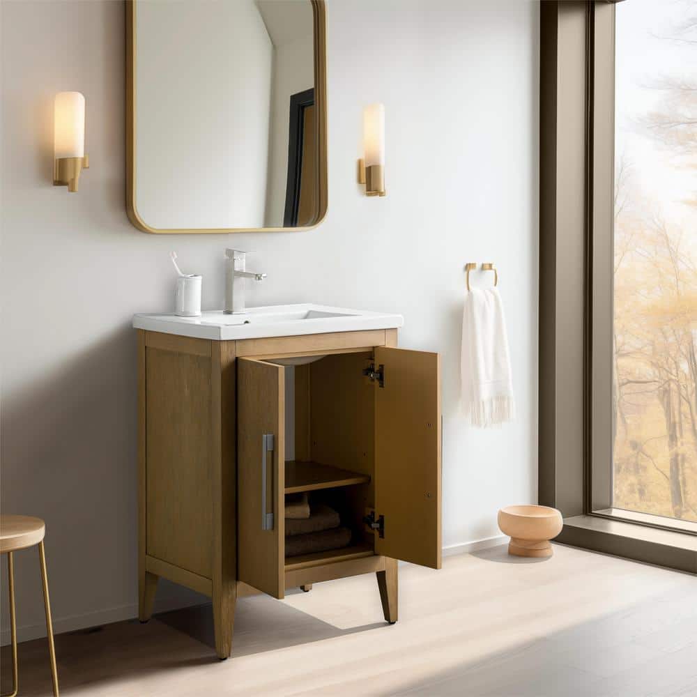 Vanity Art 24 in. W x 18.5 in D x 34 in. H Single Sink Bathroom Vanity Cabinet in Natural Oak with Ceramic Top