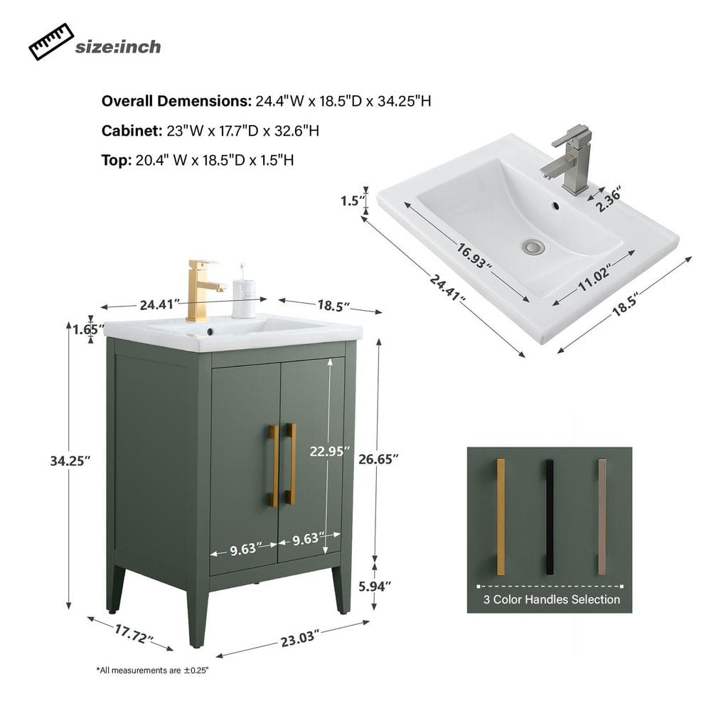 Vanity Art 24 in. W x 18.5 in. D x 34 in. H Single Sink Bathroom Vanity Cabinet in Vintage Green with Ceramic Top