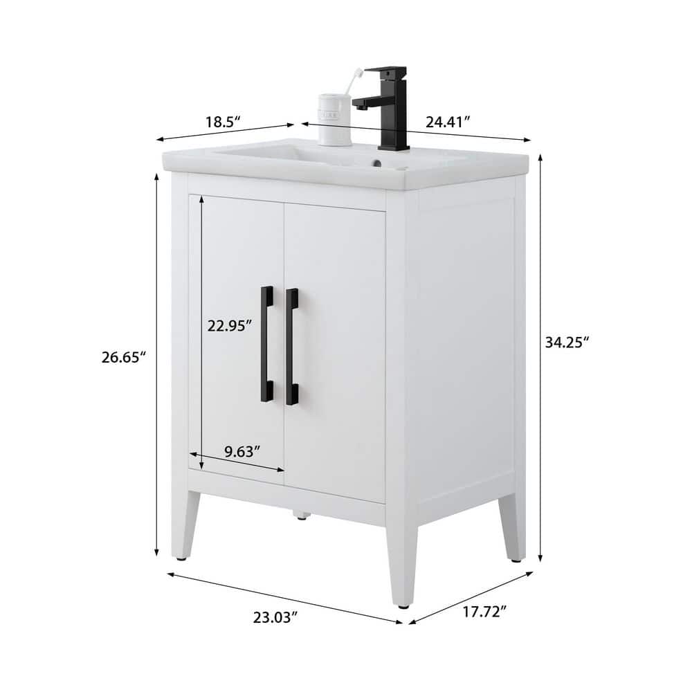 Vanity Art 24 in. W x 18.5 in. D x 34 in. H Single Sink Bathroom Vanity Cabinet in White with Ceramic Top