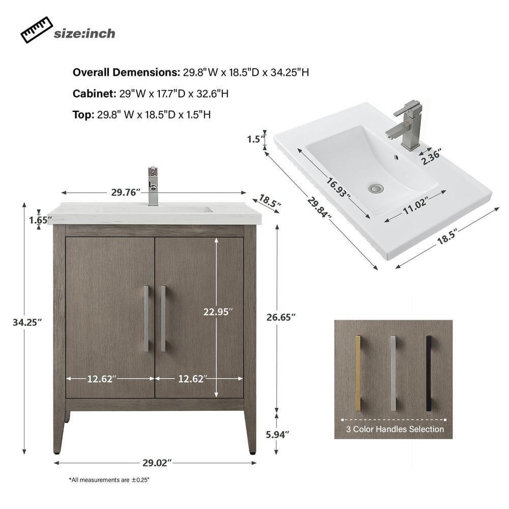 Vanity Art 30 in. W x 18.5 in. D x 34 in. H Single-Sink Bathroom Vanity Cabinet in Driftwood Gray with White Ceramic Top
