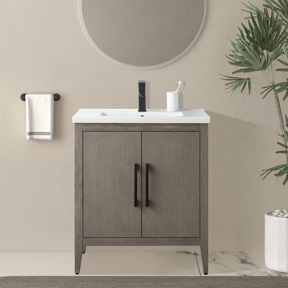 Vanity Art 30 in. W x 18.5 in. D x 34 in. H Single-Sink Bathroom Vanity Cabinet in Driftwood Gray with White Ceramic Top