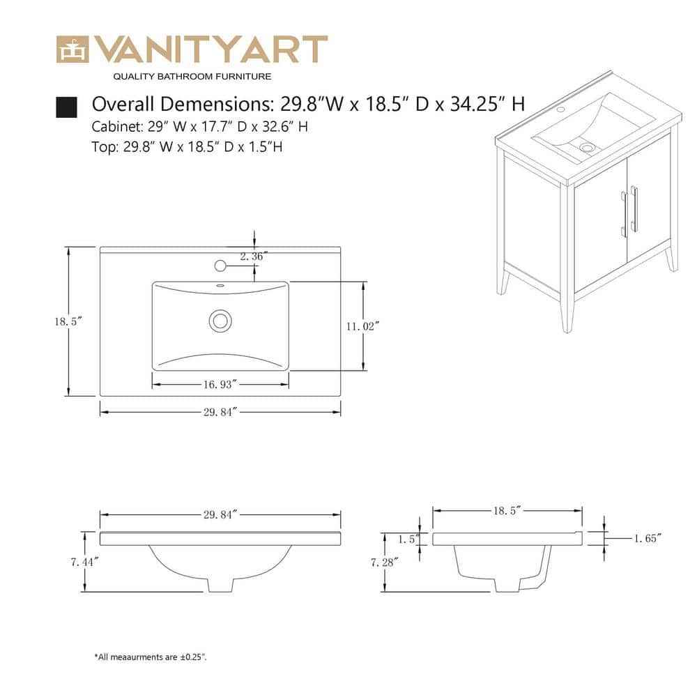 Vanity Art 30 in. W x 18.5 in D x 34 in. H Single-Sink Bathroom Vanity Cabinet in Driftwood Gray with Ceramic Top in White