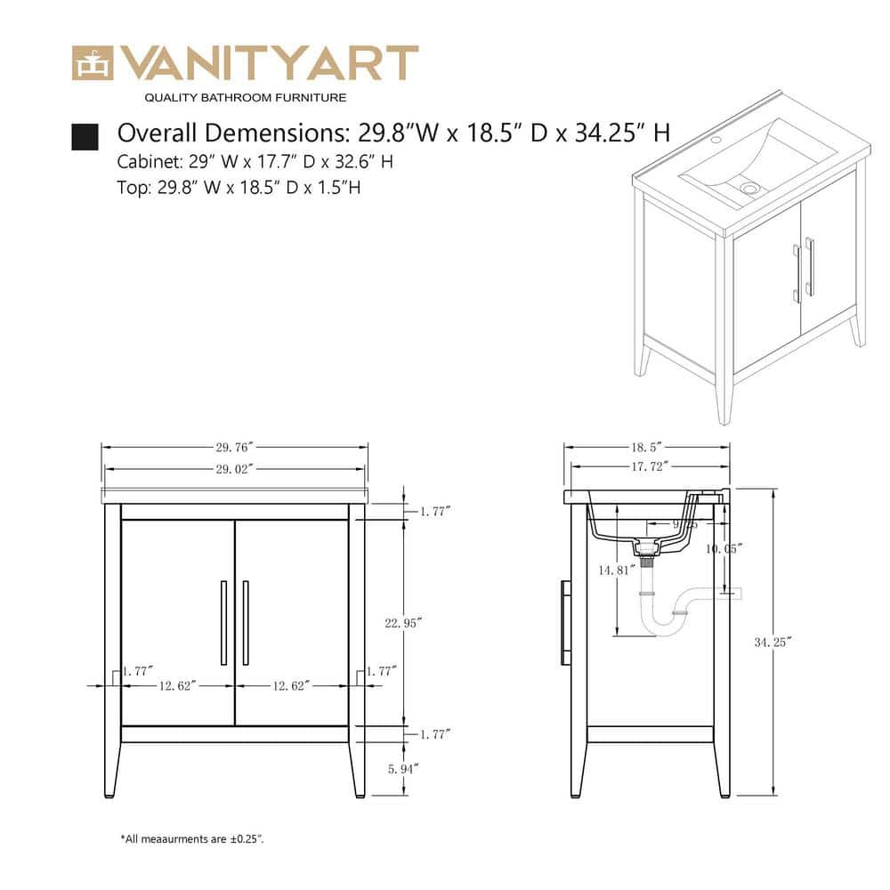 Vanity Art 30 in. W x 18.5 in D x 34 in. H Single Sink Bathroom Vanity Cabinet in Cashmere Gray with Ceramic Top