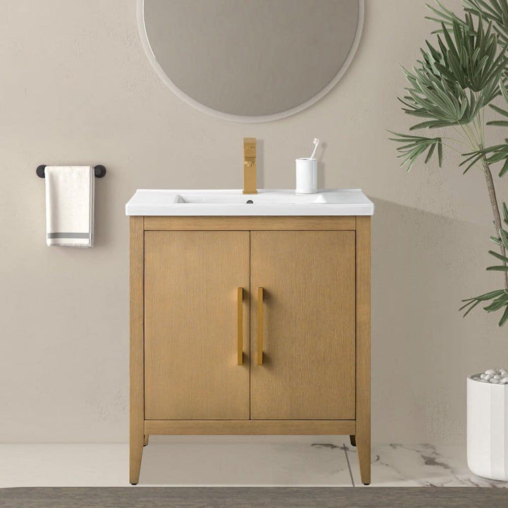Vanity Art 30 in. W x 18.5 in. D x 34 in. H Single-Sink Bathroom Vanity Cabinet in Natural Oak with White Ceramic Top