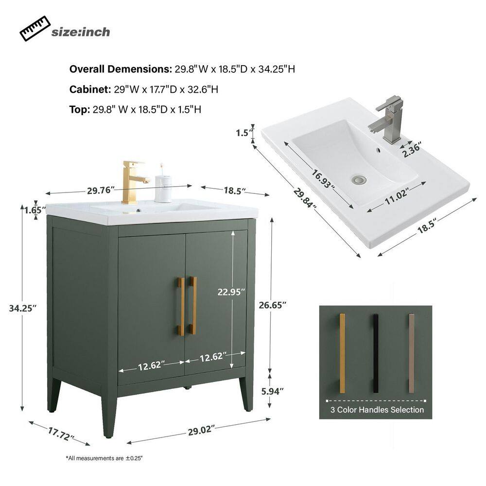 Vanity Art 30 in. W x 18.5 in D x 34 in. H Single Sink Bathroom Vanity Cabinet in Vintage Green with Ceramic Top