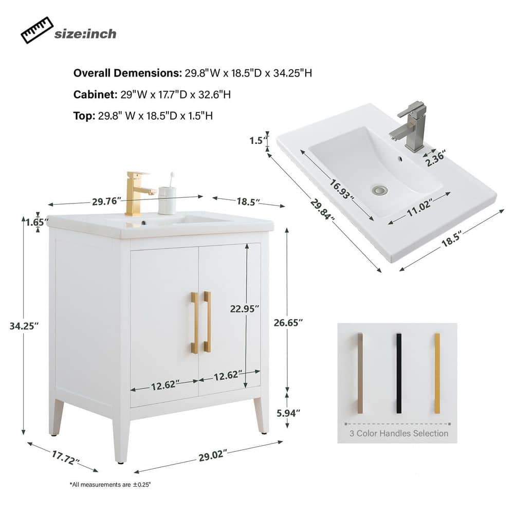 Vanity Art 30 in. W x 18.5 in. D x 34 in. H Single Sink Bathroom Vanity Cabinet in White with Ceramic Top