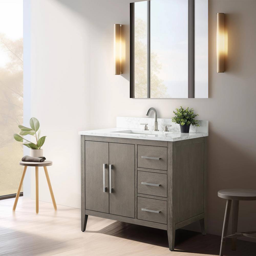 Vanity Art 36 in. W x 22 in. D x 34 in. H Single Sink Bathroom Vanity Cabinet in Driftwood Gray with Engineered Marble Top