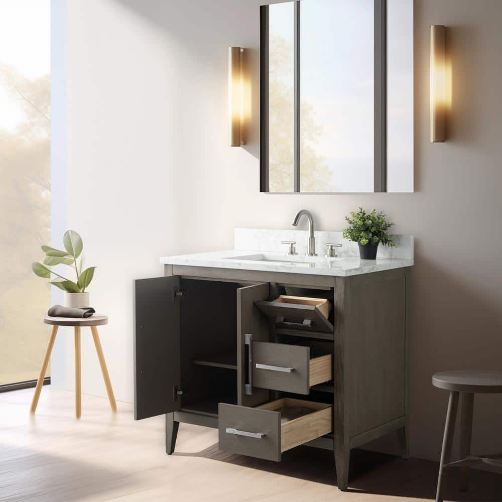 Vanity Art 36 in. W x 22 in. D x 34 in. H Single Sink Bathroom Vanity Cabinet in Driftwood Gray with Engineered Marble Top