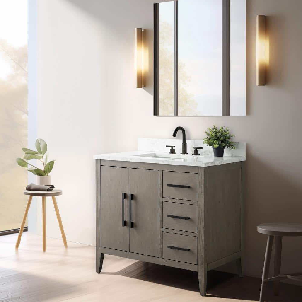 Vanity Art 36 in. W x 22 in. D x 34 in. H Single-Sink Bath Vanity in Driftwood Gray with Engineered Marble Top in Arabescato White