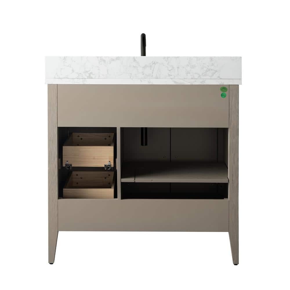 Vanity Art 36 in. W x 22 in. D x 34 in. H Single-Sink Bath Vanity in Driftwood Gray with Engineered Marble Top in Arabescato White