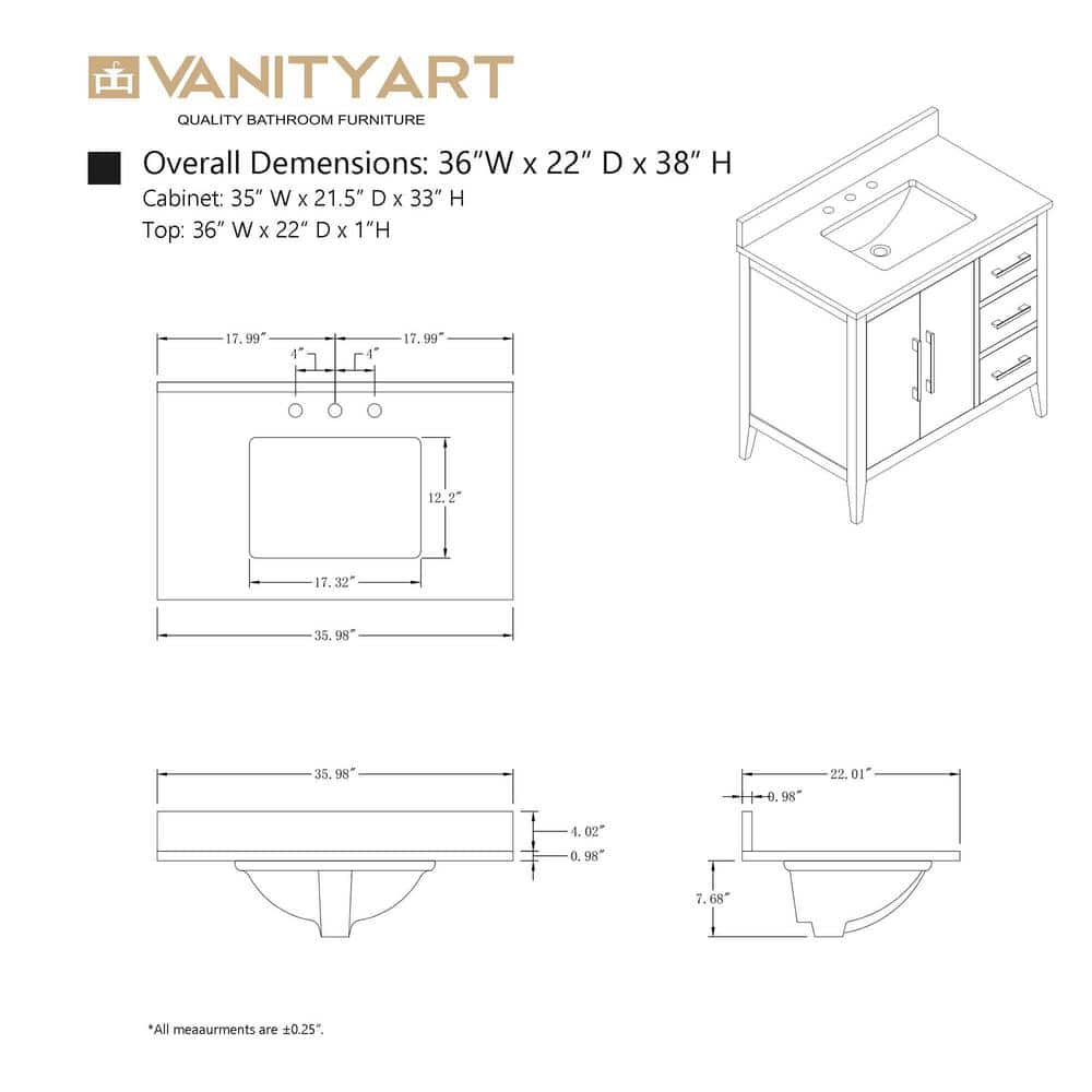 Vanity Art 36 in. W x 22 in. D x 34 in. H Single-Sink Bath Vanity in Driftwood Gray with Engineered Marble Top in Arabescato White