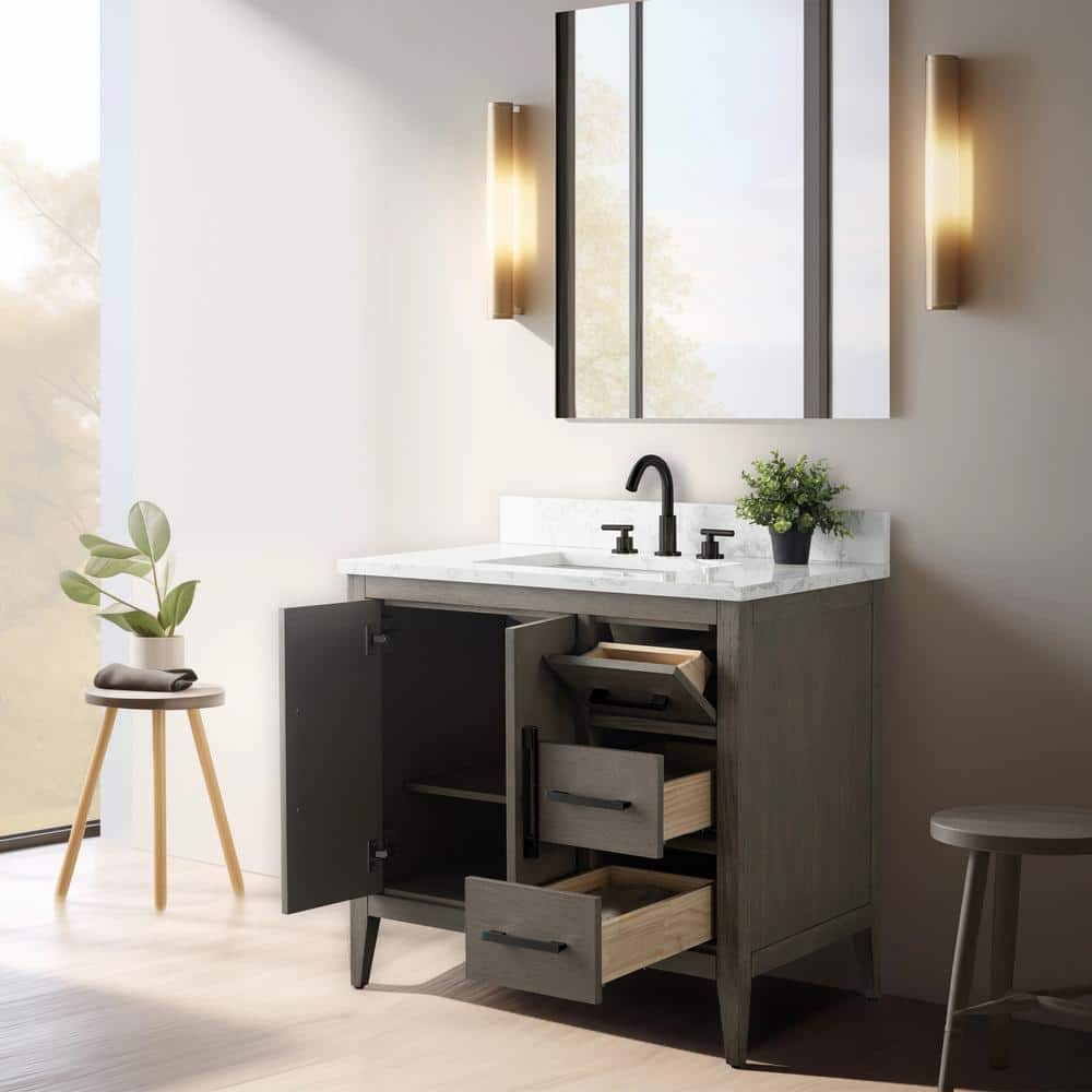 Vanity Art 36 in. W x 22 in. D x 34 in. H Single-Sink Bath Vanity in Driftwood Gray with Engineered Marble Top in Arabescato White