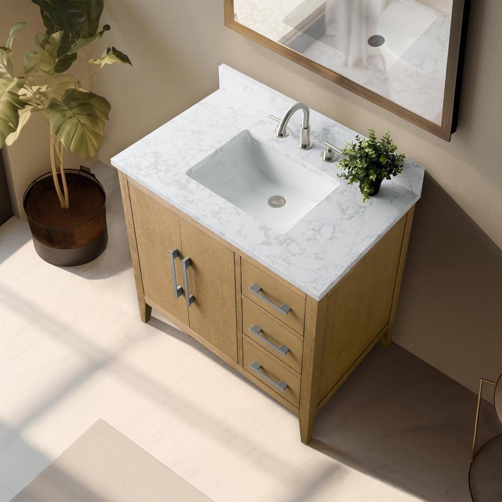 Vanity Art 36 in. W. x 22 in. D x 34 in. H Single Sink Bathroom Vanity Cabinet in Natural Oak with Engineered Marble Top in White