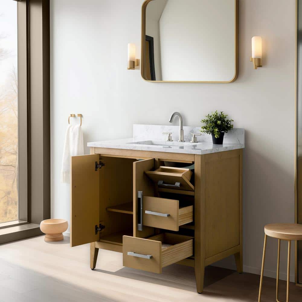 Vanity Art 36 in. W. x 22 in. D x 34 in. H Single Sink Bathroom Vanity Cabinet in Natural Oak with Engineered Marble Top in White