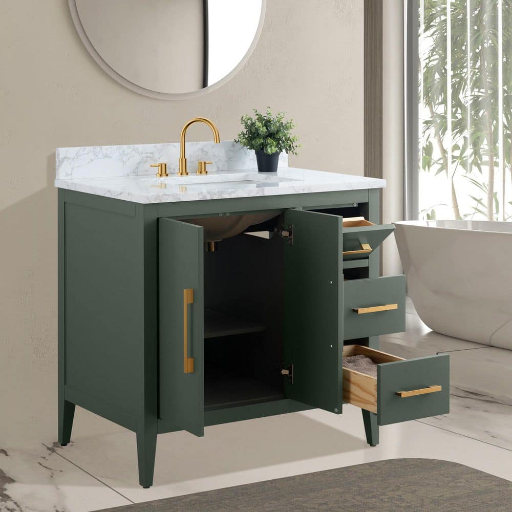 Vanity Art 36 in. W x 22 in. D x 34 in. H Single Sink Bathroom Vanity Cabinet in Vintage Green with Engineered Marble Top in White