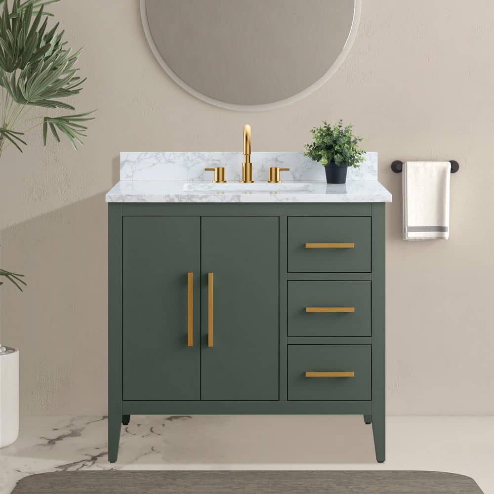 Vanity Art 36 in. W x 22 in. D x 34 in. H Single Sink Bathroom Vanity Cabinet in Vintage Green with Engineered Marble Top in White