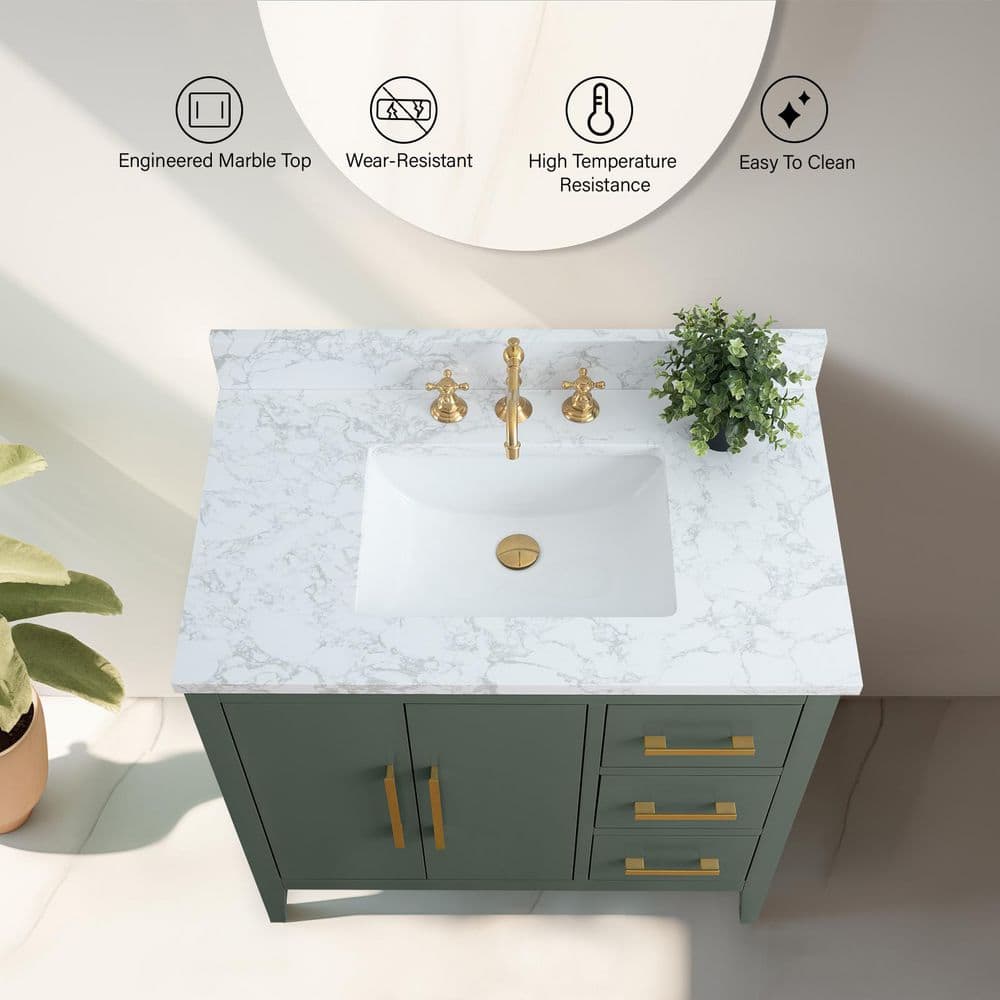 Vanity Art 36 in. W x 22 in. D x 34 in. H Single Sink Bathroom Vanity Cabinet in Vintage Green with Engineered Marble Top in White