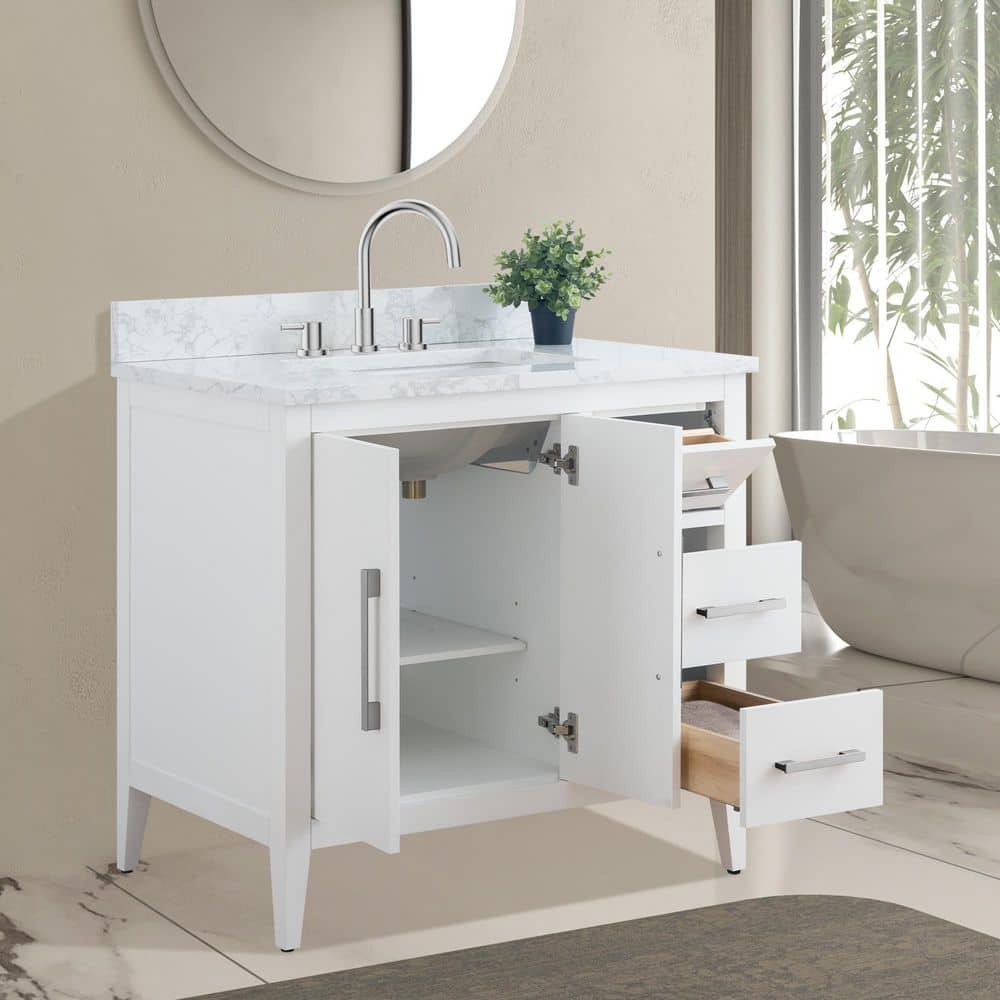 Vanity Art 36 in. W x 22 in. D x 34 in. H Single Sink Bathroom Vanity Cabinet in White with Engineered Marble Top in White