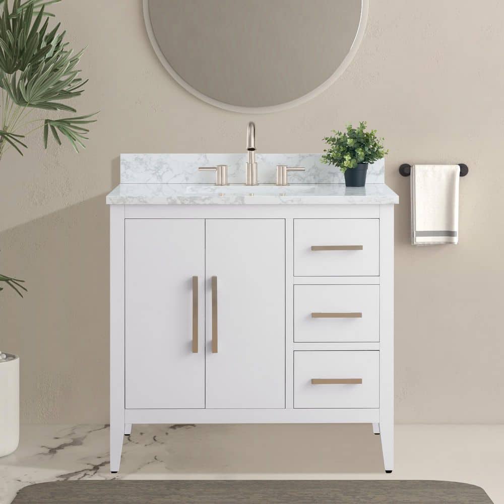 Vanity Art 36 in. W x 22 in. D x 34 in. H Single Sink Bathroom Vanity Cabinet in White with Engineered Marble Top in White
