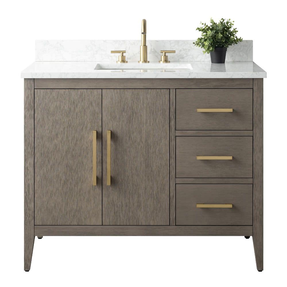 Vanity Art 42 in. W x 22 in. D x 34 in. H Single-Sink Bath Vanity in Driftwood Gray with Engineered Marble Top in Arabescato White