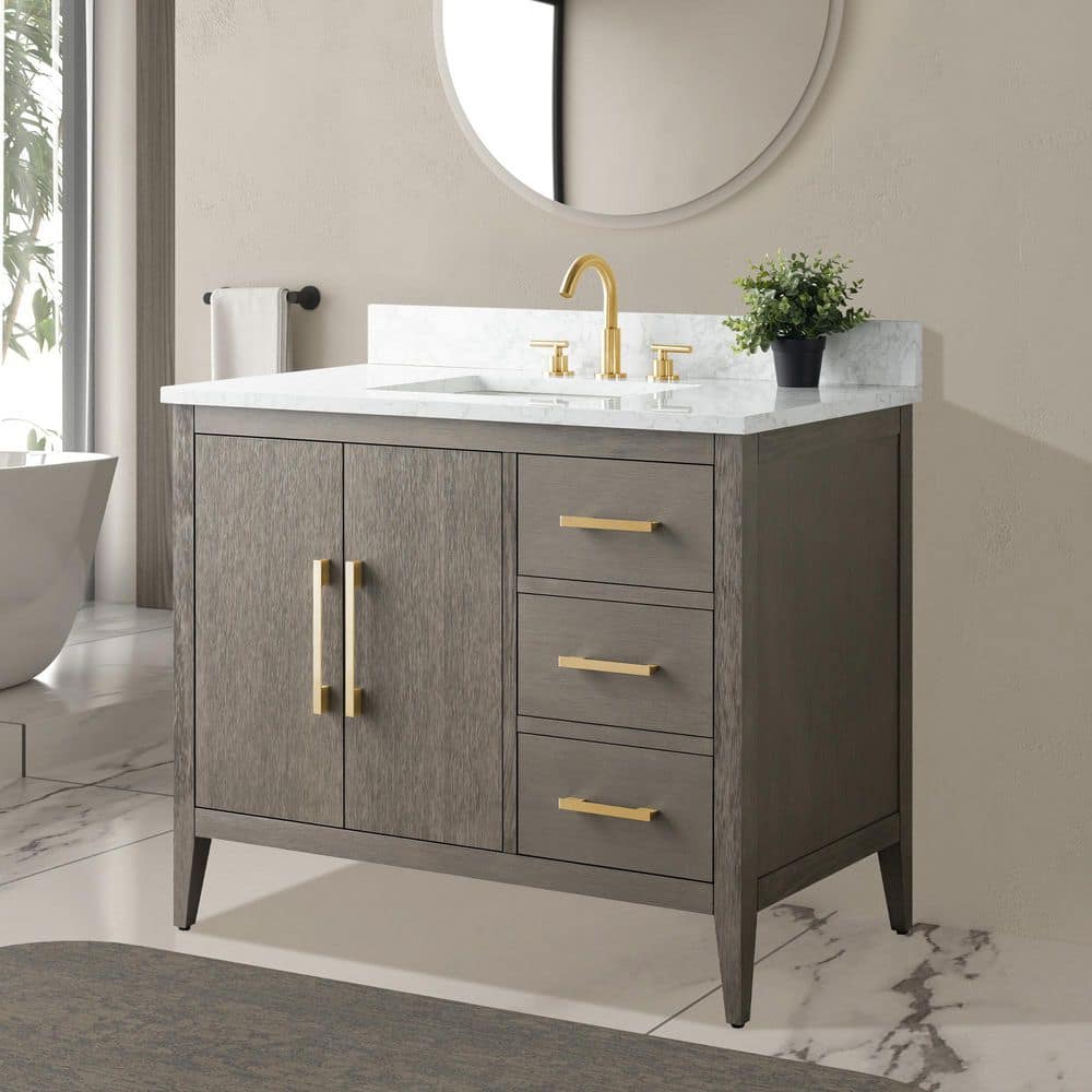 Vanity Art 42 in. W x 22 in. D x 34 in. H Single-Sink Bath Vanity in Driftwood Gray with Engineered Marble Top in Arabescato White