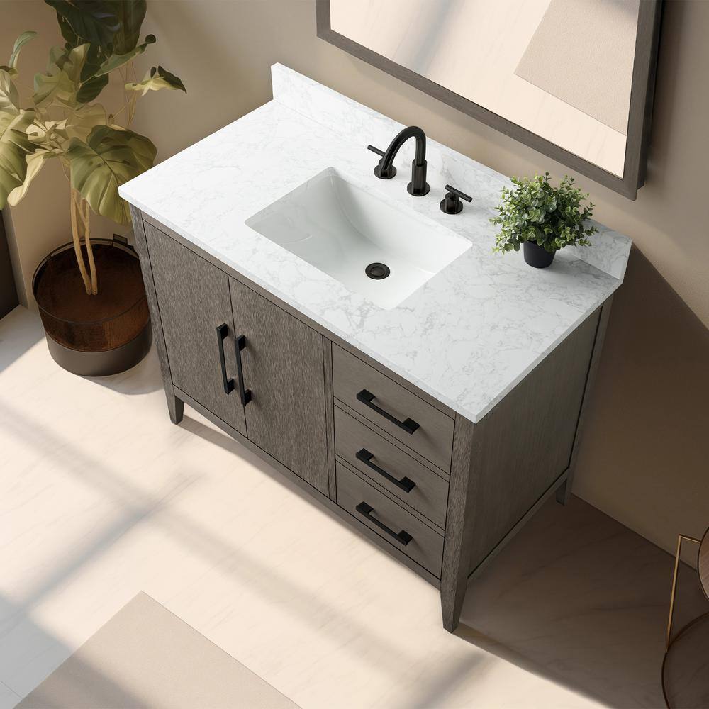 Vanity Art 42 in. W x 22 in. D x 34 in. H Single-Sink Bath Vanity in Driftwood Gray with Engineered Marble Top in Arabescato White