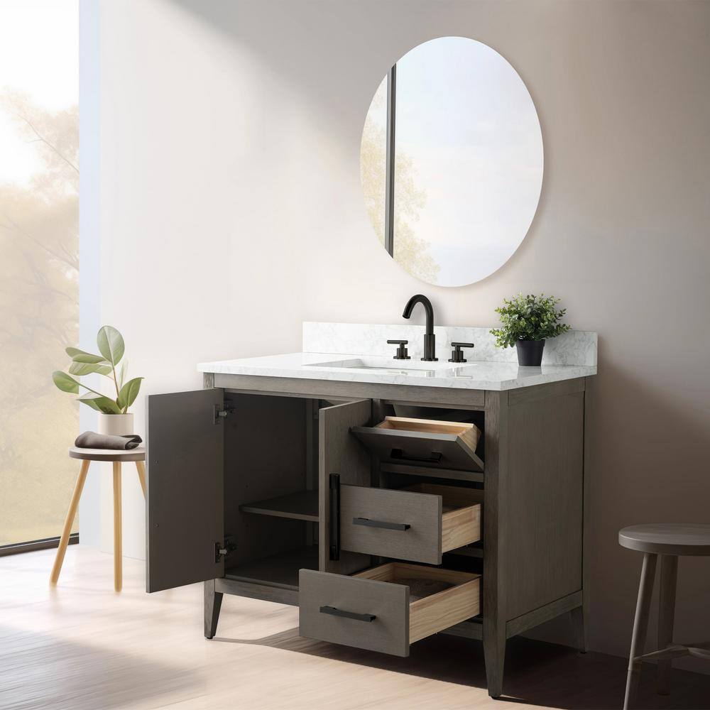 Vanity Art 42 in. W x 22 in. D x 34 in. H Single-Sink Bath Vanity in Driftwood Gray with Engineered Marble Top in Arabescato White