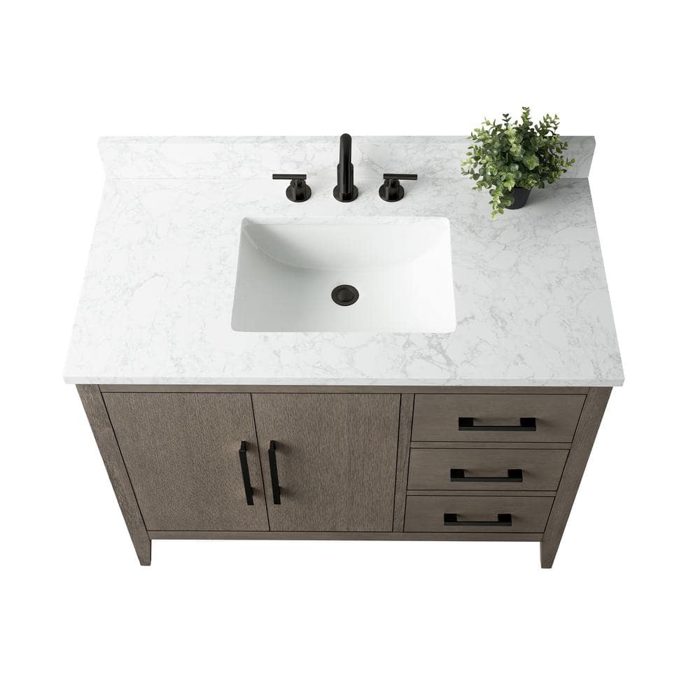 Vanity Art 42 in. W x 22 in. D x 34 in. H Single-Sink Bath Vanity in Driftwood Gray with Engineered Marble Top in Arabescato White