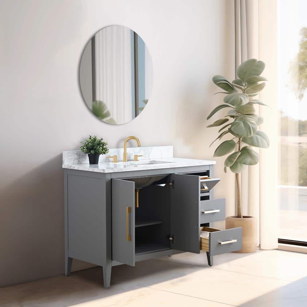 Vanity Art 42 in. W x 22 in. D x 34 in. H Single Sink Bathroom Vanity Cabinet in Cashmere Gray with Engineered Marble Top