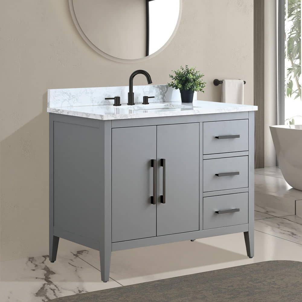 Vanity Art 42 in. W x 22 in. D x 34 in. H Single Sink Bathroom Vanity Cabinet in Cashmere Gray with Engineered Marble Top