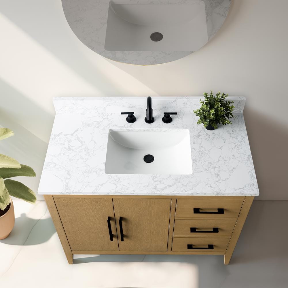 Vanity Art 42 in. W x 22 in. D x 34 in. H Single-Sink Bathroom Vanity in Natural Oak with Engineered Marble Top in Arabescato White
