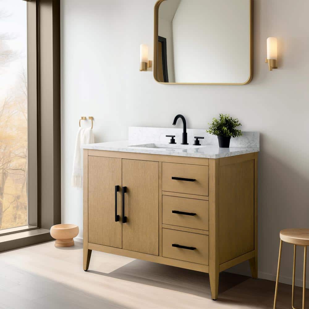 Vanity Art 42 in. W x 22 in. D x 34 in. H Single-Sink Bathroom Vanity in Natural Oak with Engineered Marble Top in Arabescato White