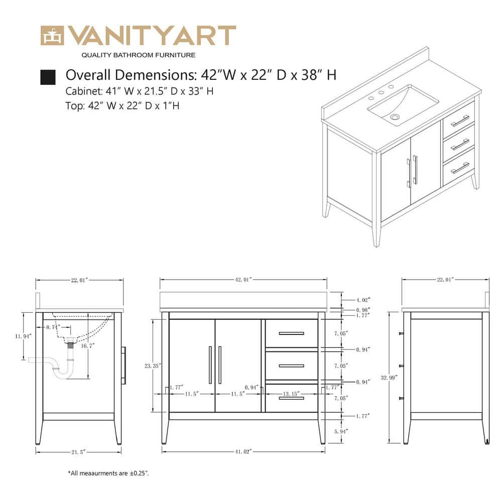 Vanity Art 42 in. W x 22 in. D x 34 in. H Single-Sink Bathroom Vanity in Natural Oak with Engineered Marble Top in Arabescato White
