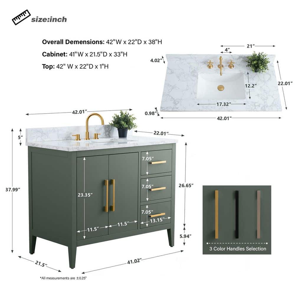 Vanity Art 42 in. W x 22 in. D x 34 in. H Single Sink Bathroom Vanity Cabinet in Vintage Green with Engineered Marble Top