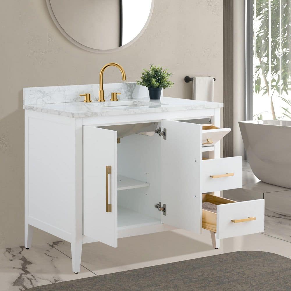 Vanity Art 42 in. W x 22 in. D x 34 in. H Single Sink Bathroom Vanity Cabinet in White with Engineered Marble Top